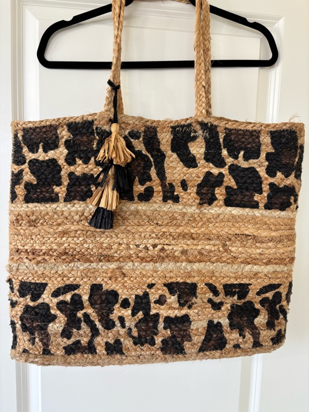 JUTE  Woven Leopard-Print Tote Bag with Tassel Accent